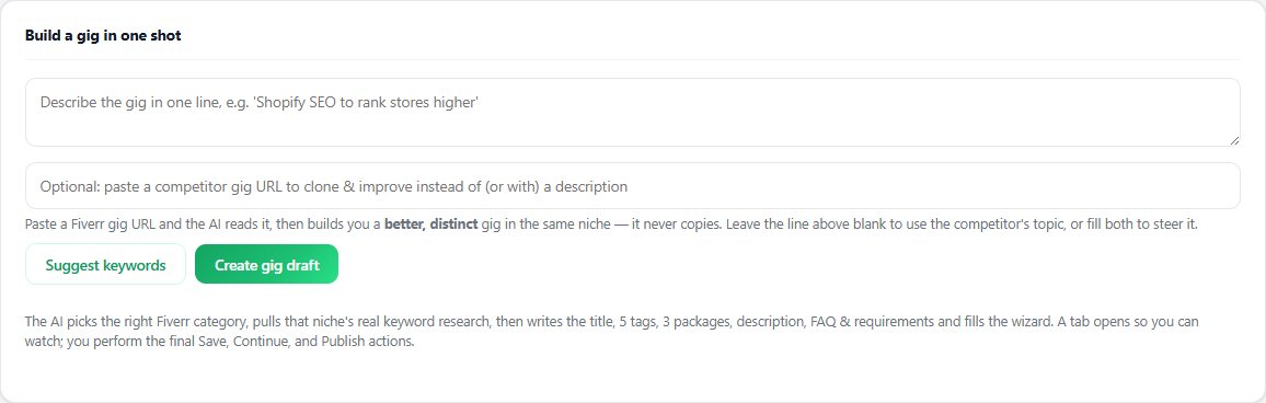 Seller OS one-shot gig builder form with idea field, competitor URL field, and keyword suggestion controls