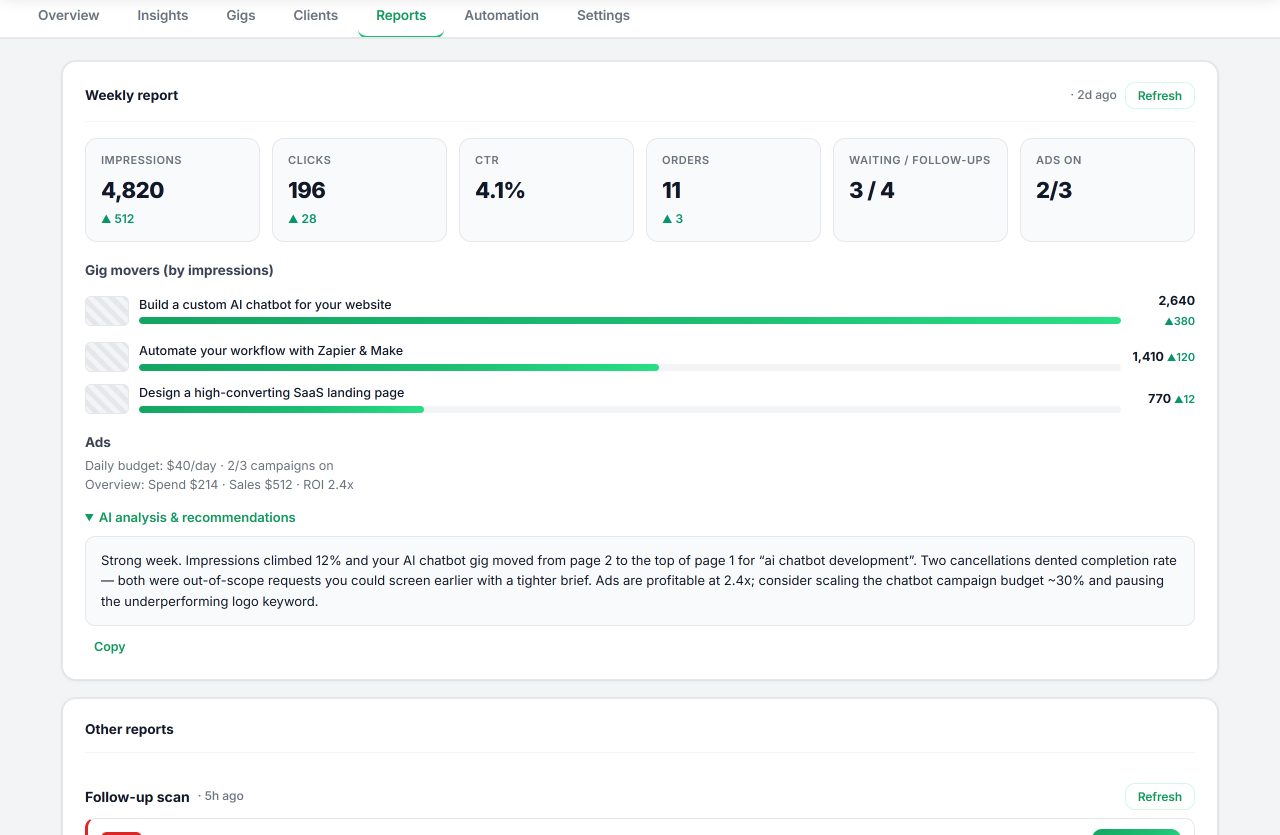 Seller OS reports view with synthetic briefing summary and action queue items